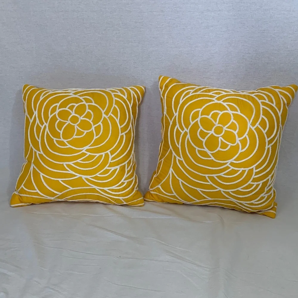 Yellow and White Rosette Decorative Pillows 16 X 16 Square Raised Trim